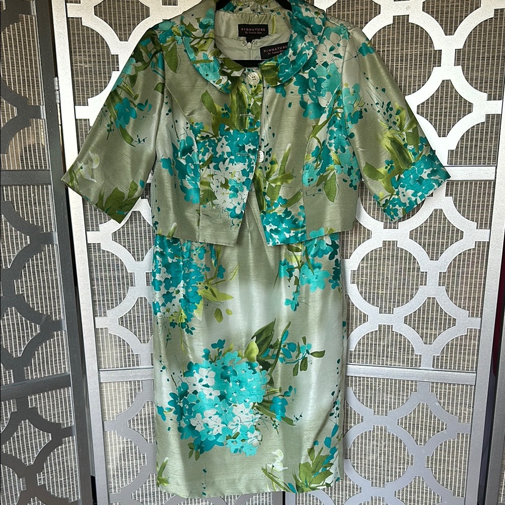 Floral Green and Blue Dress with Jacket - Picture 1 of 11